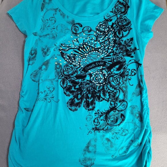 SOUTHPOLE Women's XXL T Shirt Fairy Grunge Emo Ruched Sides Velvet Studded Roses - Picture 1 of 12